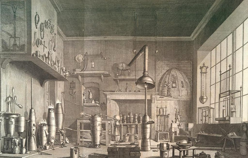 XVIII-wieczne laboratorium chemiczne, rycina na okładce  Commercium Philosophico-Technicum, William Lewis (pomiędzy 1763 i 1766 rokiem)